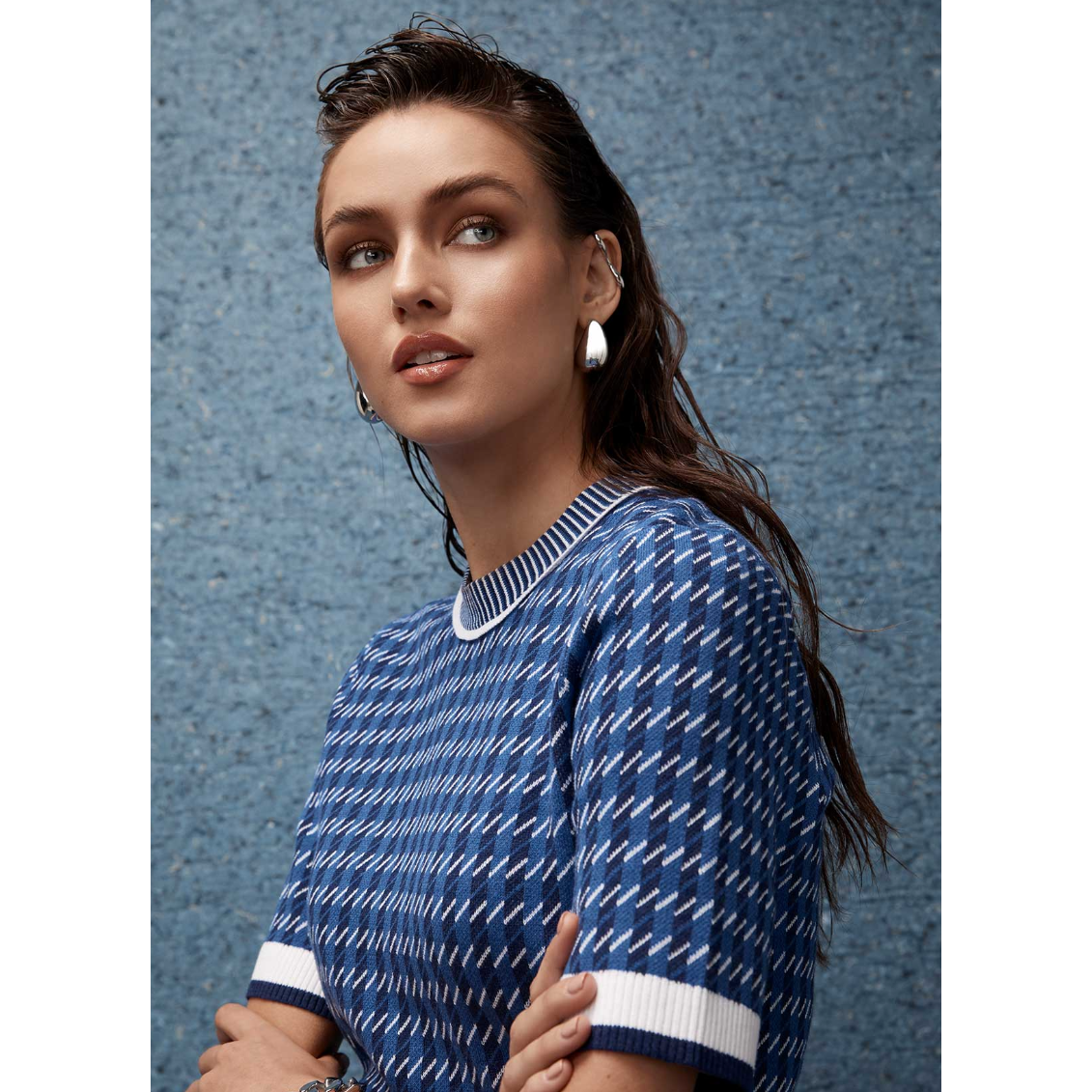 CABLE CHECK CREW TEE - COBALT