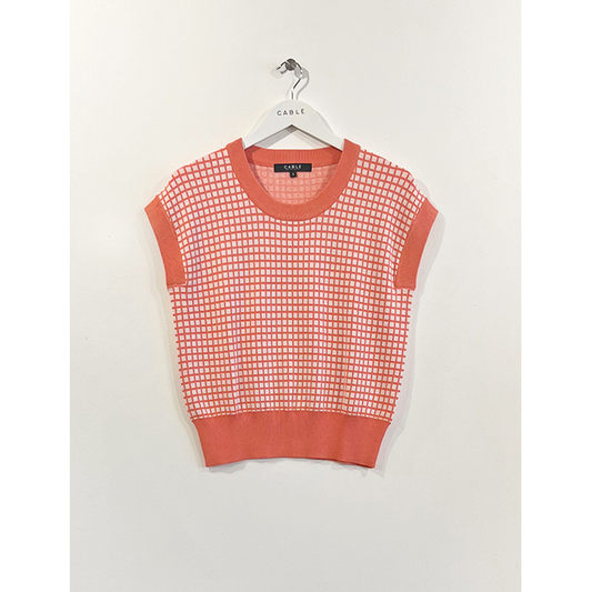 CABLE CHECK KNIT TOP - APRICOT MARLE