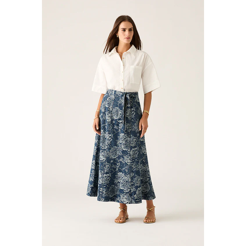 MTL TATIANA PRINT DENIM MAXI SKIRT